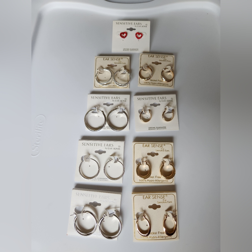 Ear Sense Earrings Bundle Of 9 Pair Gold Silver Tone Hoops Hearts NWT.